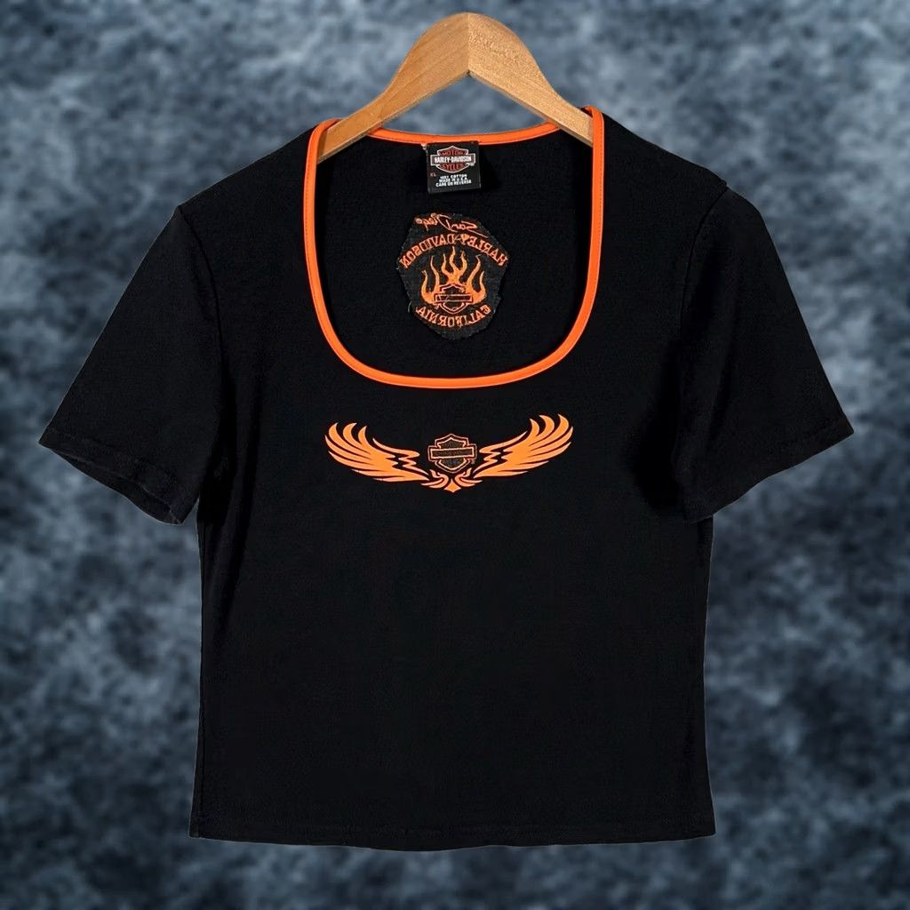 Harley Davidson VINTAGE Harley-Davidson T-Shirt Womens XL Black 90s USA Flame Embroidered Slim Short Sleeve California Biker Riding 90s Labeled USA Women XS-XL Size XL / US 12-14 / IT 48-50 - 1 Thumbnail