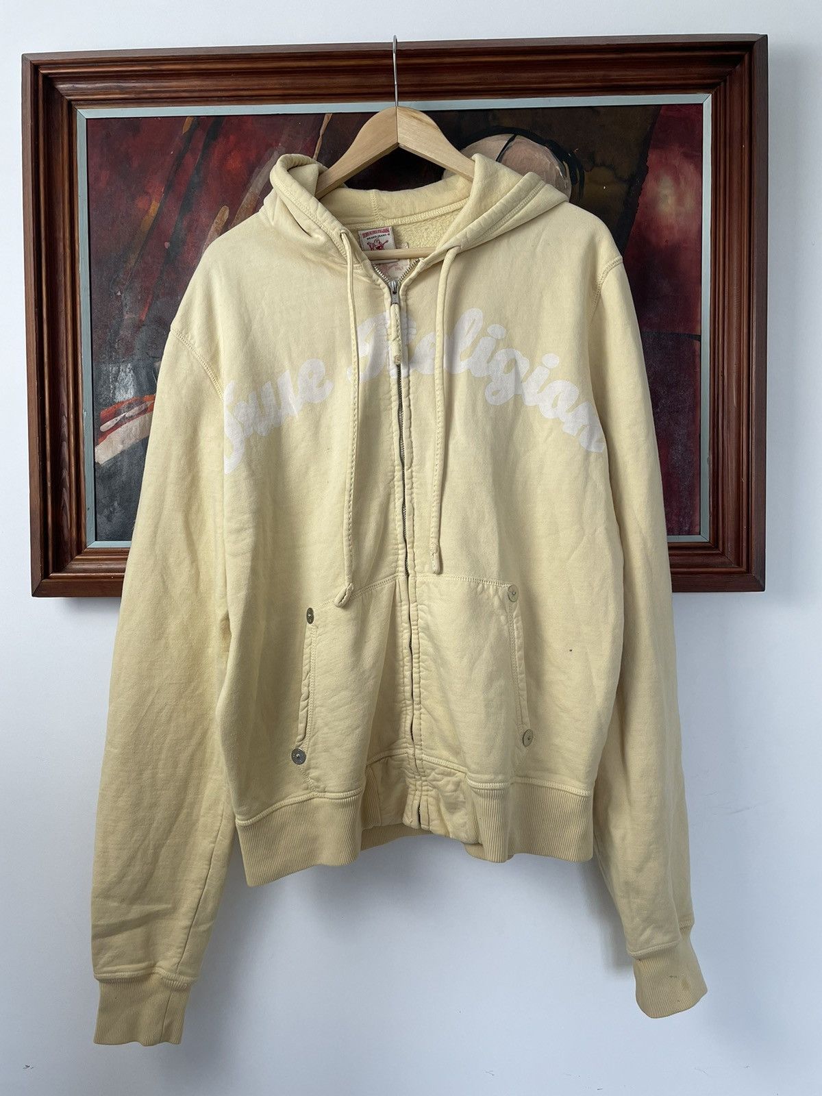 Image of Y2K Beige Zip Hoodie Drip Spellout Hype, Men's (Size XL)