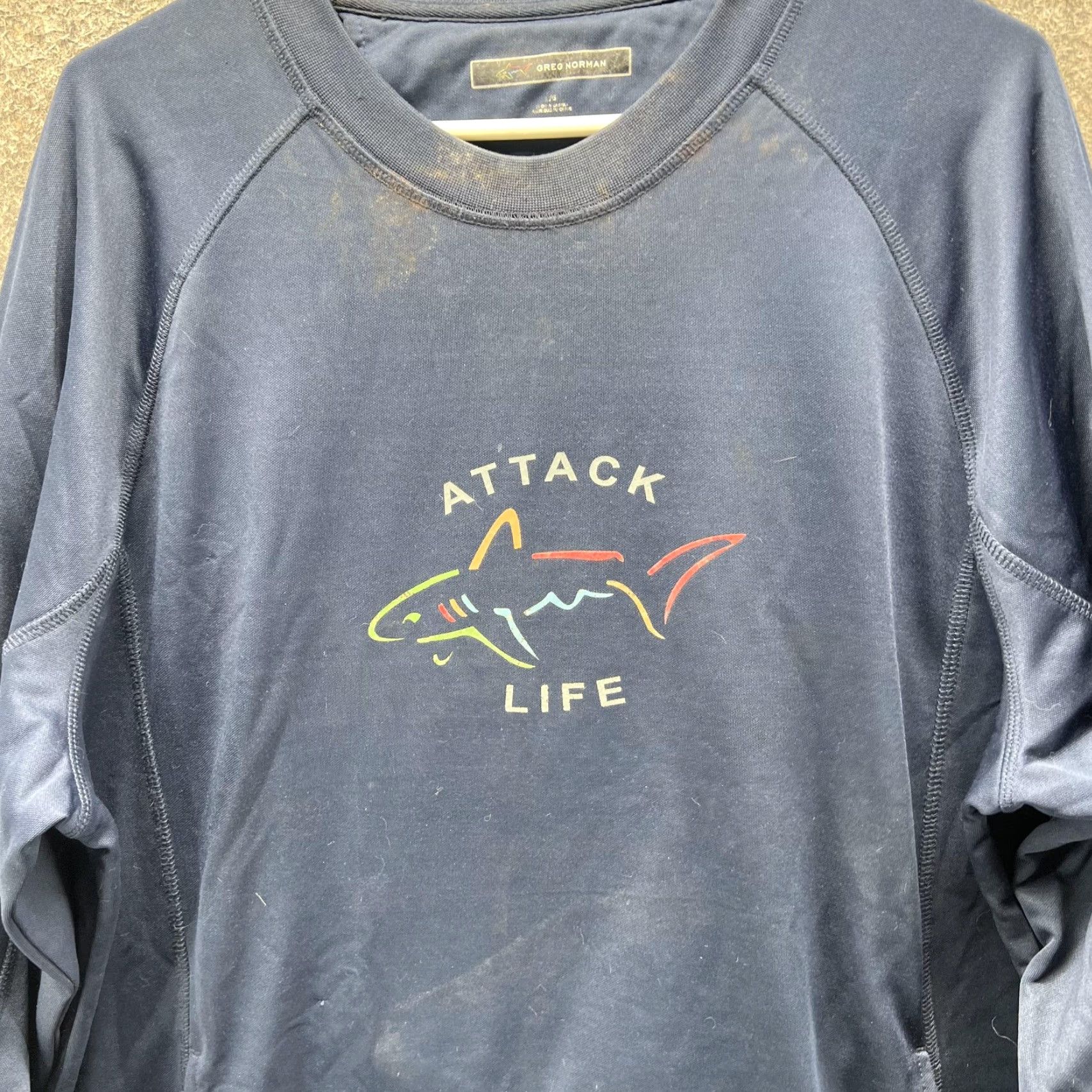 Vintage Greg Norman Sweatshirt Mens L Blue Attack Life Shark Golf Crewneck Pullover Size US L / EU 52-54 / 3 - 7 Thumbnail