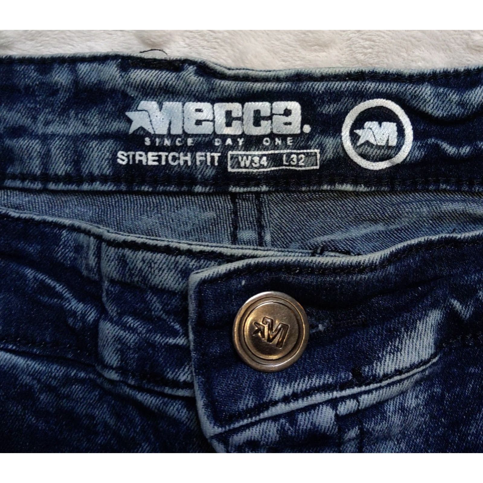 Vintage Mecca Jeans Slim 34x30 Denim Acid Wash 5-Pocket Stretch Fit Mens Blue 90s Theme Skinny Mid Rise Jeans Size US 34 / EU 50 - 5 Thumbnail