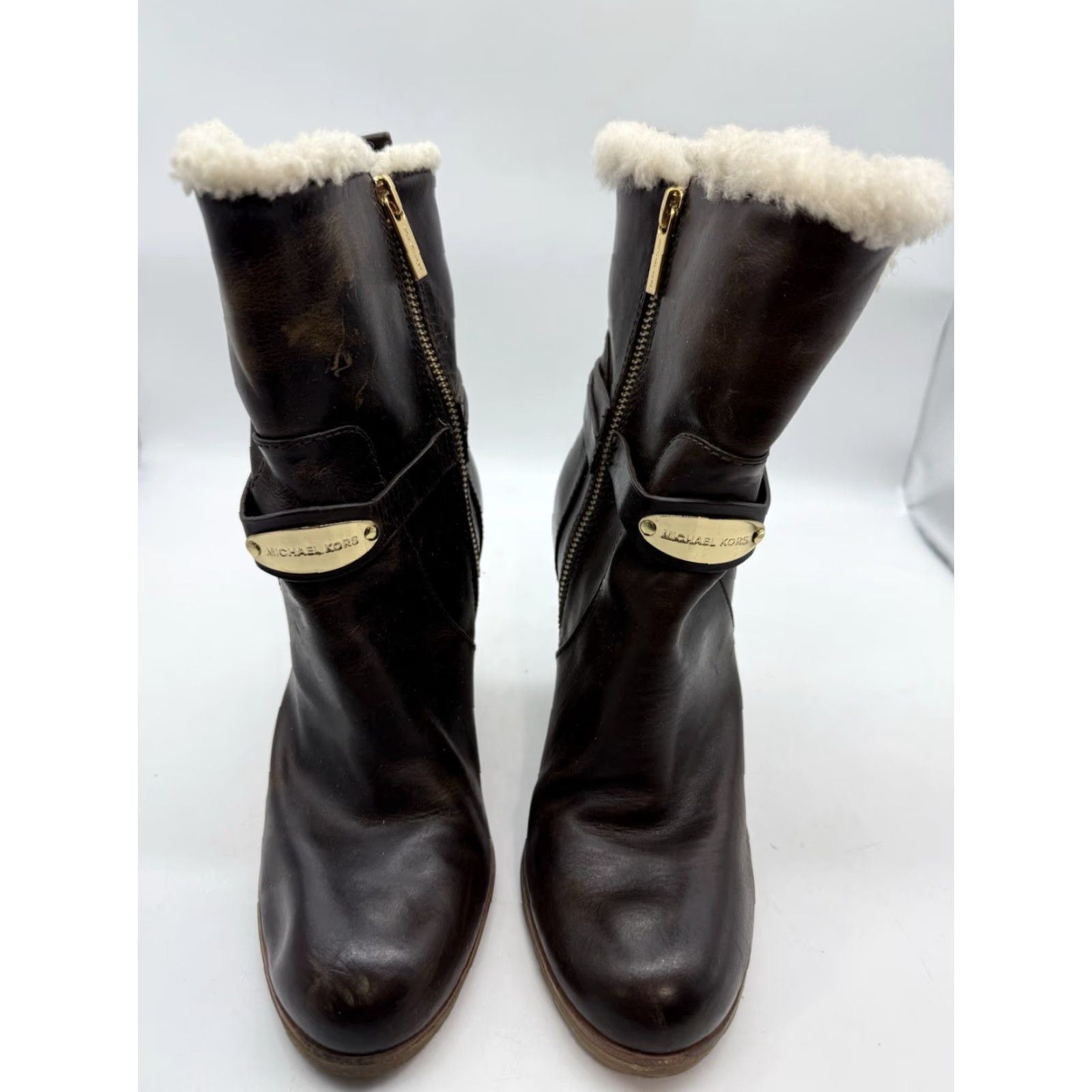 Michael Kors Michael Kors Leather High Heel Women 8.5 M Brown Booties Buckle Sherpa Zip Side Boots Womens 8.5 Brown Leather Heels Size US 9 / IT 39 - 4 Thumbnail