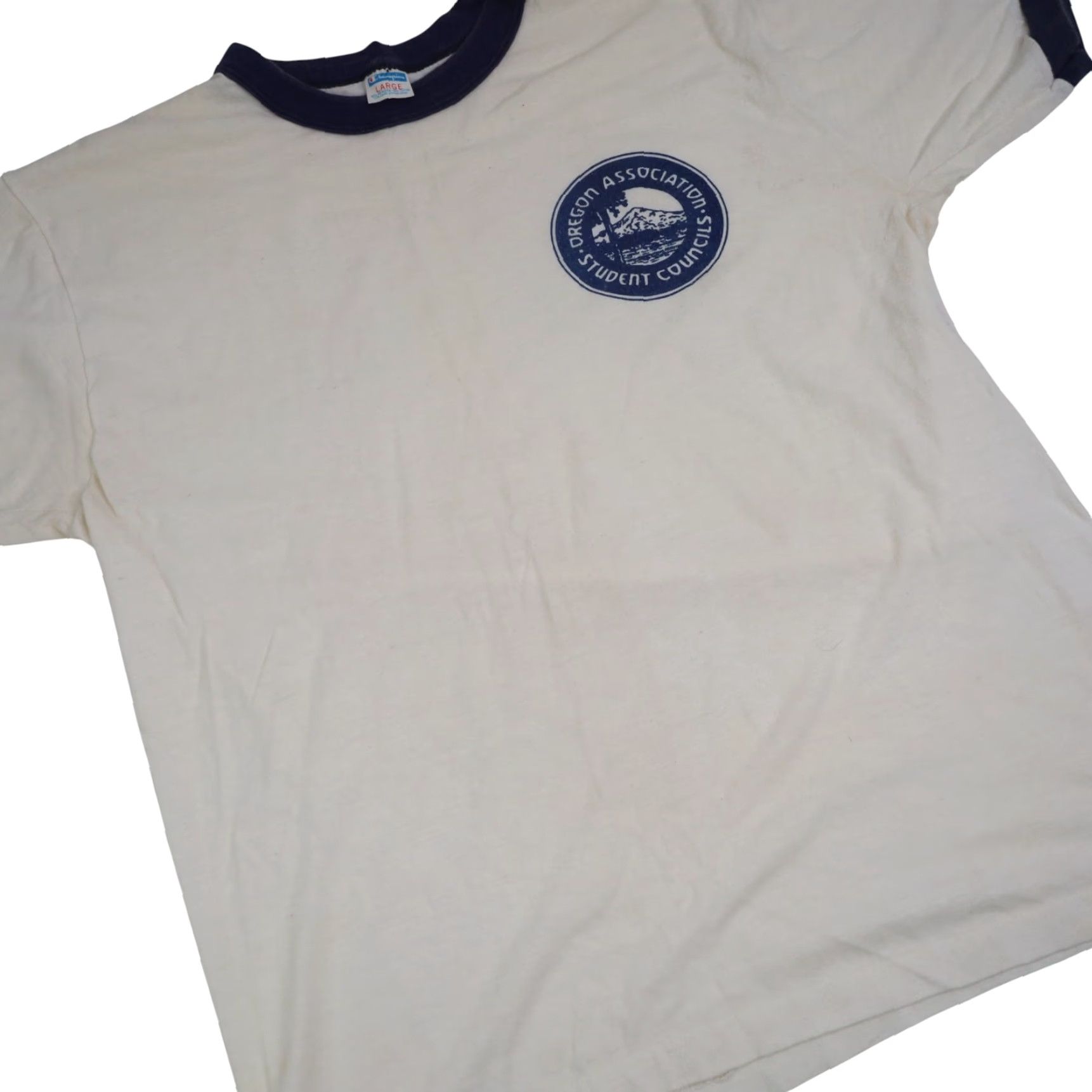 Champion VINTAGE Champion Oregon Association Student Councils Ringer T Shirt Shirt Mens L White 8/10 19"x26" Size US L / EU 52-54 / 3 - 3 Thumbnail