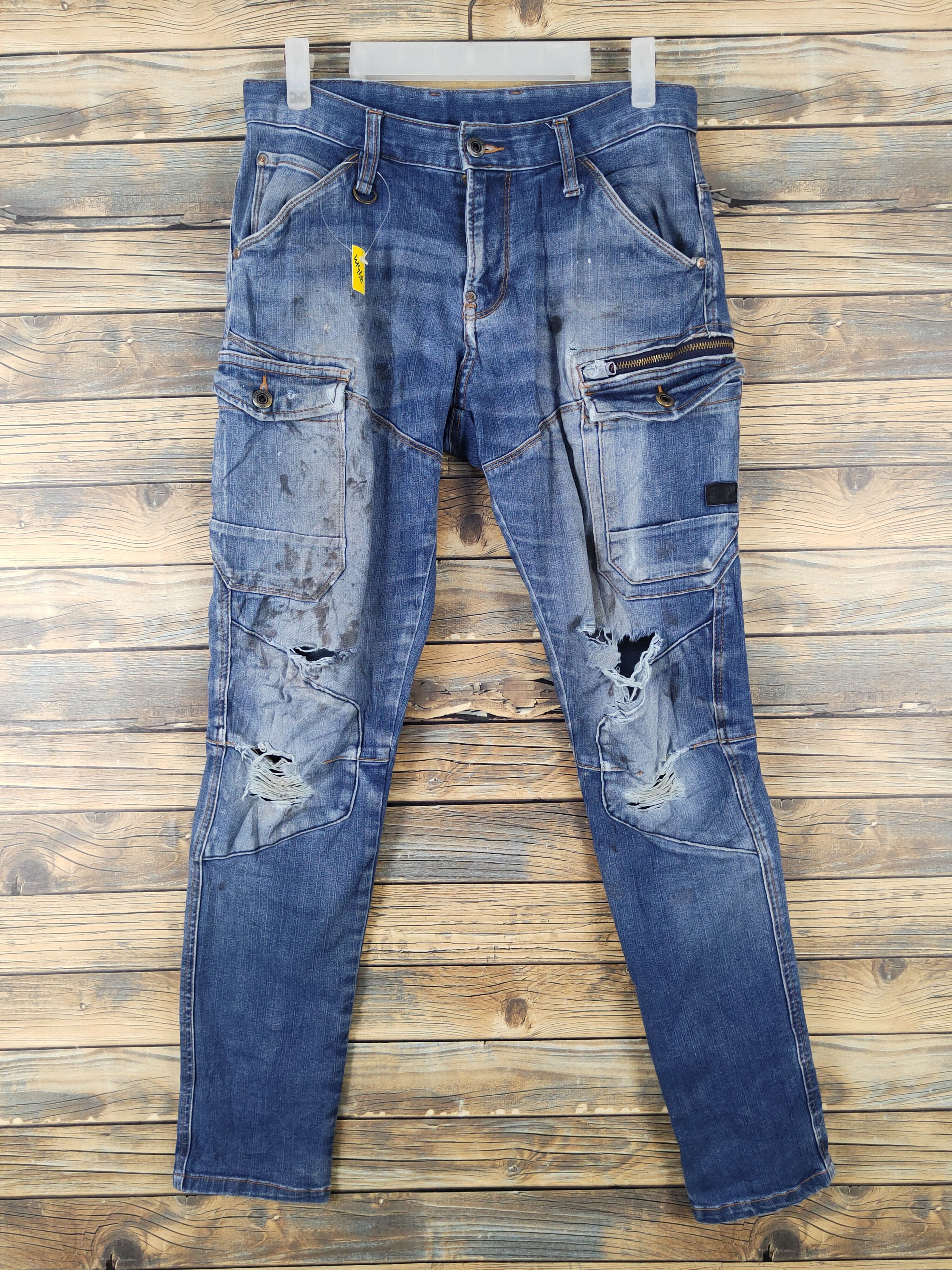 Japanese Brand I'z Frontier Dark Blue Distressed Ripped cargo Jeans #W1968 Size US 31 - 1 Thumbnail