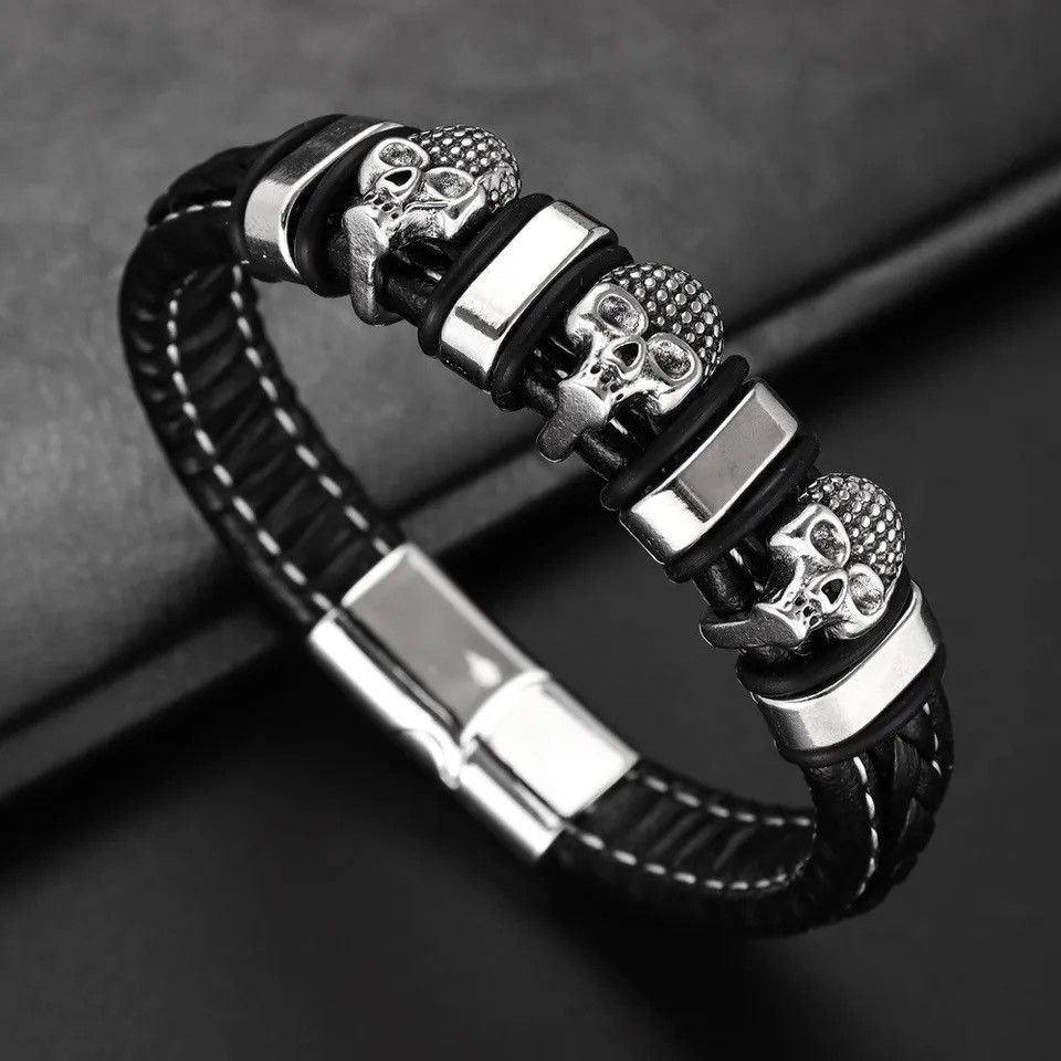 Jewelry Multi-Layer Leather Woven Skull Bracelet Size ONE SIZE - 1 Thumbnail