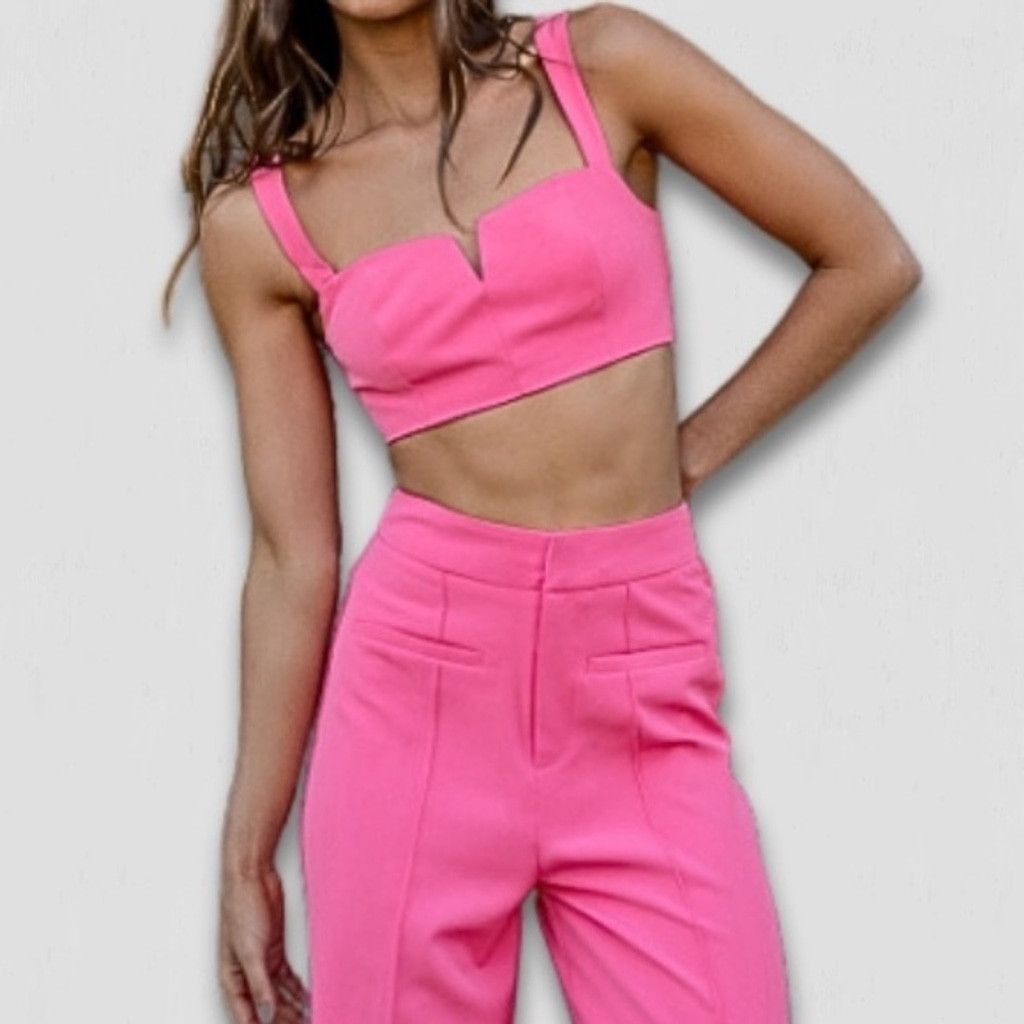 Vintage Y2K V-Front Crop Top Back Zipper Stretch Fabric Hot Pink 14 Size XL / US 12-14 / IT 48-50 - 1 Thumbnail