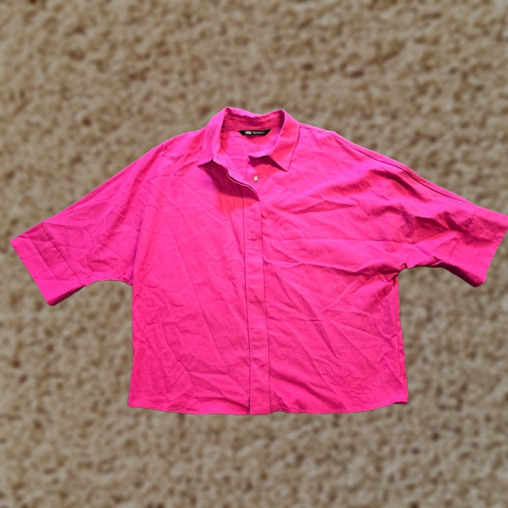 Zara Zara Blouse Shirt Womens Size M Pink Button Boxy Linen Dolman Short Sleeve Casual Basic Modern Classic Spring Summer Fall Size M / US 6-8 / IT 42-44 - 1 Thumbnail