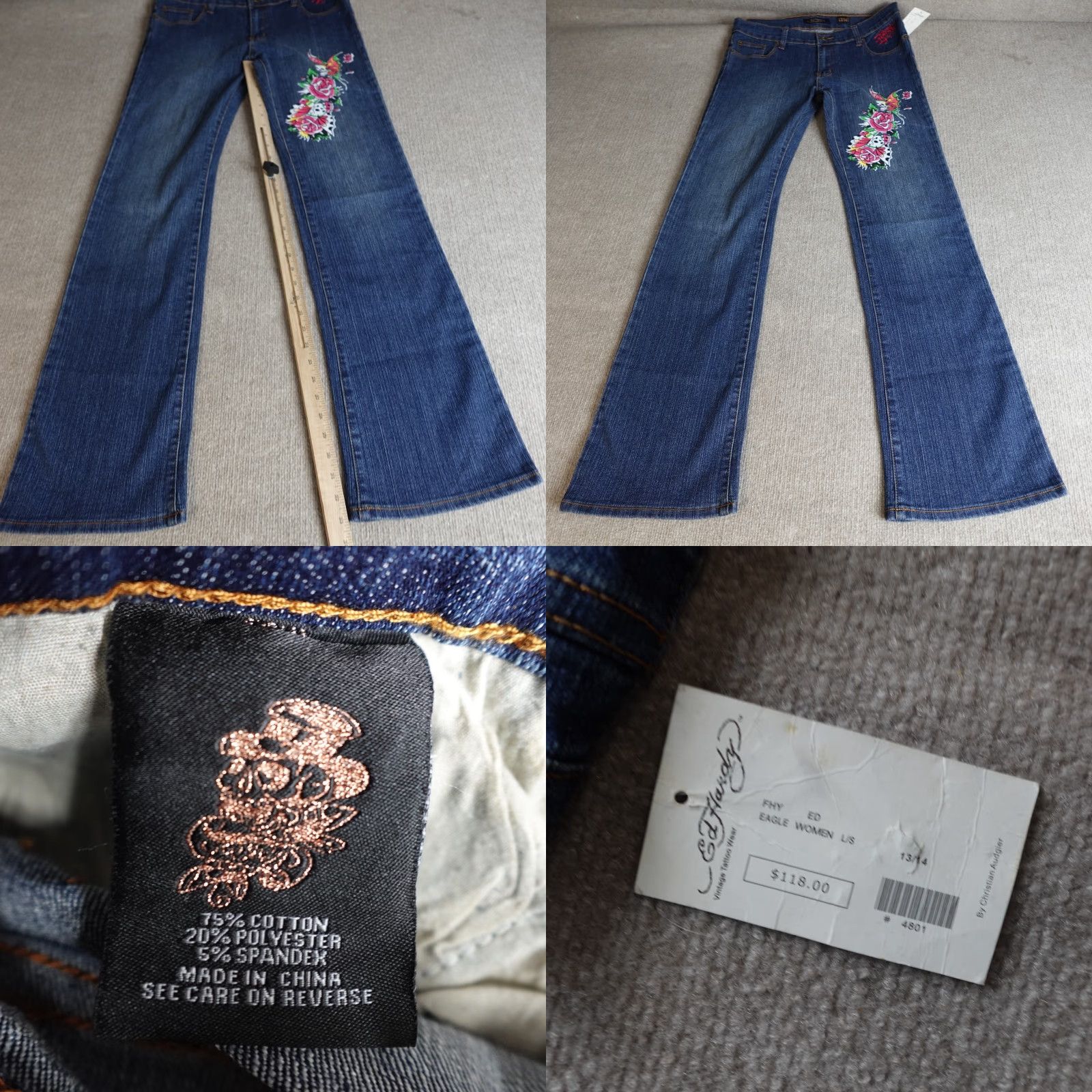 Ed Hardy Ed Hardy Womens Jeans 13/14 Blue Embroidered Flare Denim 5-Pocket Regular Shirt Womens Jeans Flared 90s Style (no) Size 36" / US 14 / IT 50 - 8 Thumbnail