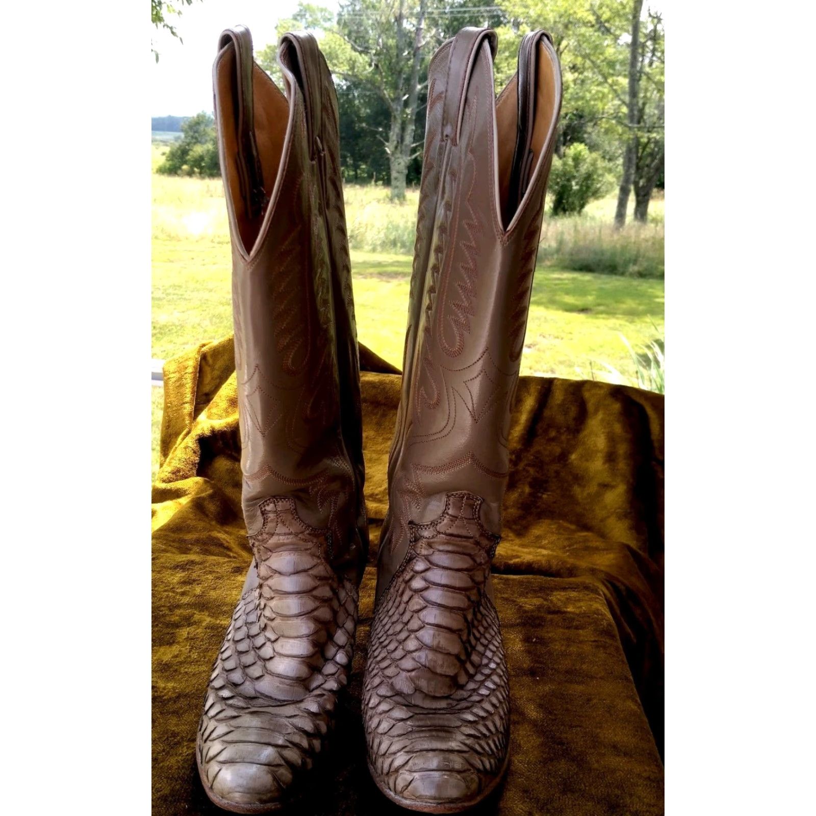 Justin Boots VINTAGE Justin Boots Western Cowboy Boots Women 6.5B Leather Snakeskin Brown Taupe Mid-Calf Size 16" Outsole USD Size US 7 / IT 37 - 2 Thumbnail