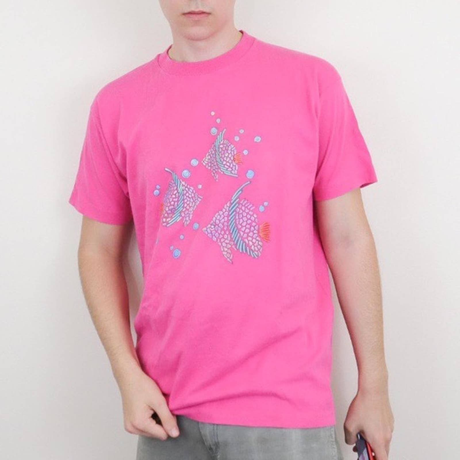 Fruit Of The Loom Vintage 90s Cute Fish Aquatic Graphic T-Shirt Pink Mens XL