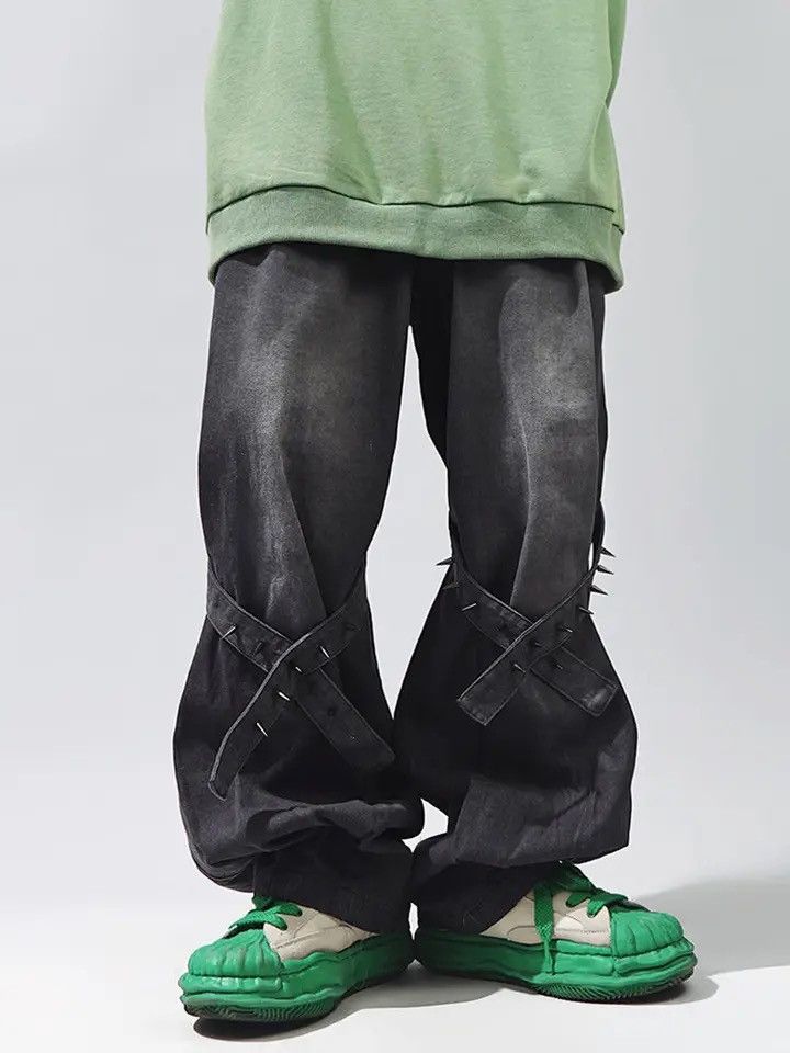 image of Vintage Hip Hop Denim Trousers Male Oversize Flare Pants in Washed Black, Men's (Size 32)
