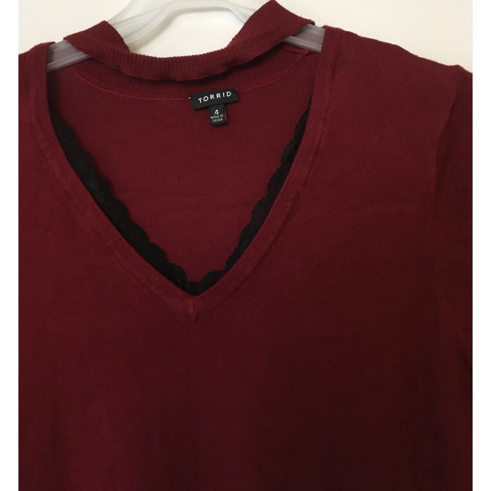 Torrid Torrid Plus Size 4X Lace Trim V Neck Choker Neck Sweater Maroon Red Pullover Knit Long Sleeve Womens Size XXL / US 16-18 / IT 52-54 - 3 Thumbnail