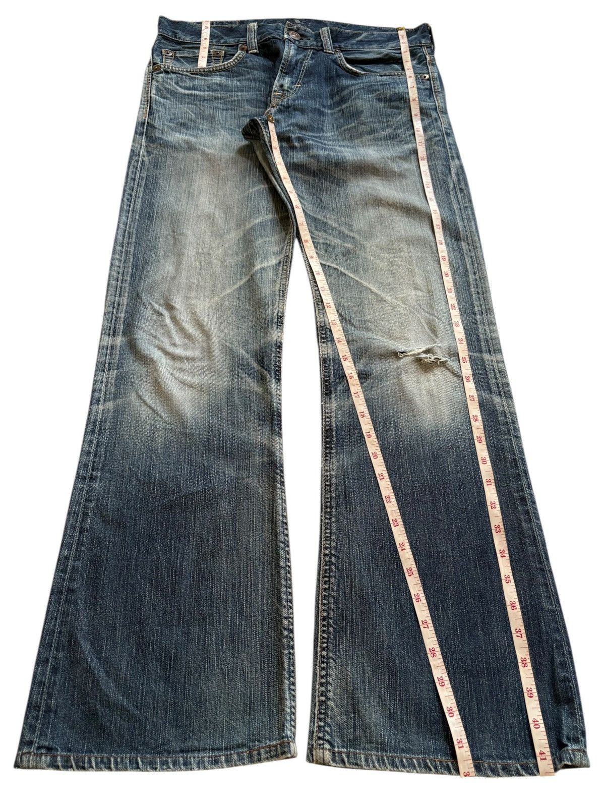 Edwin Vintage Edwin Blue Trip Faded Mud Wash Distress Flare Jeans Size US 34 / EU 50 - 13 Thumbnail