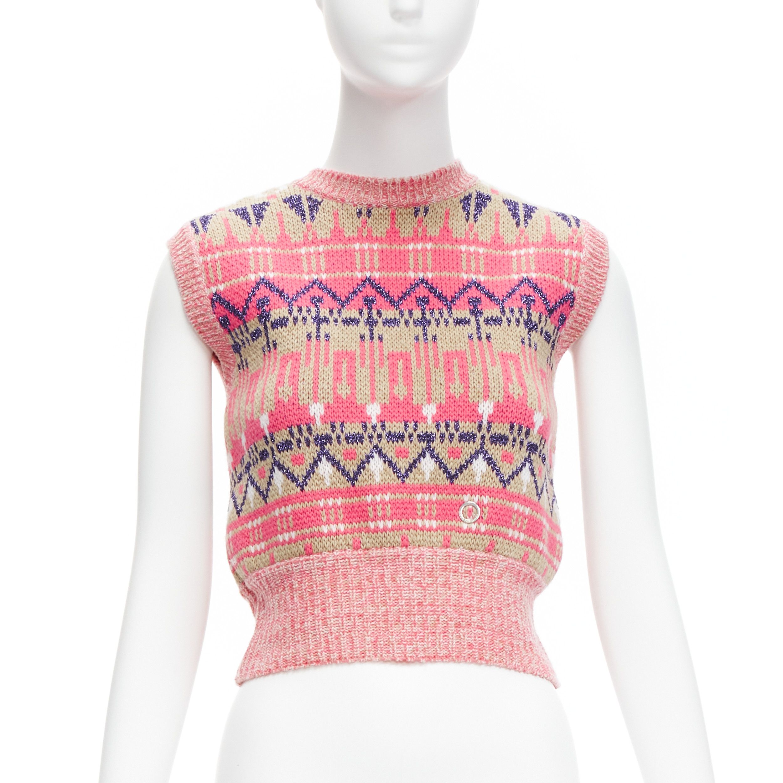 Paco Rabanne PACO RABANNE pink purple lurex virgin wool graphic knit vest XS Size S / US 4 / IT 40 - 1 Thumbnail
