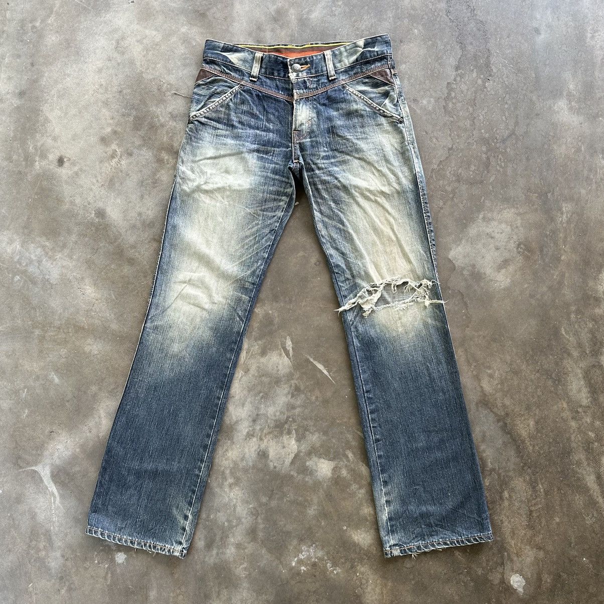 Edwin × Jean × Vintage Vintage Edwin Blue Trip Distressed Faded Denim Jean Pant W33 Size US 33 - 1 Thumbnail
