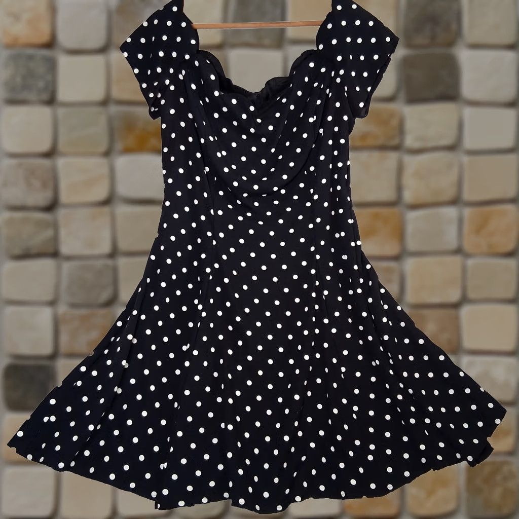 Vintage VINTAGE Roberta Dress XL Black Polka Dot Off Shoulder Scalloped Pinup 90s Size XL / US 12-14 / IT 48-50 - 1 Thumbnail