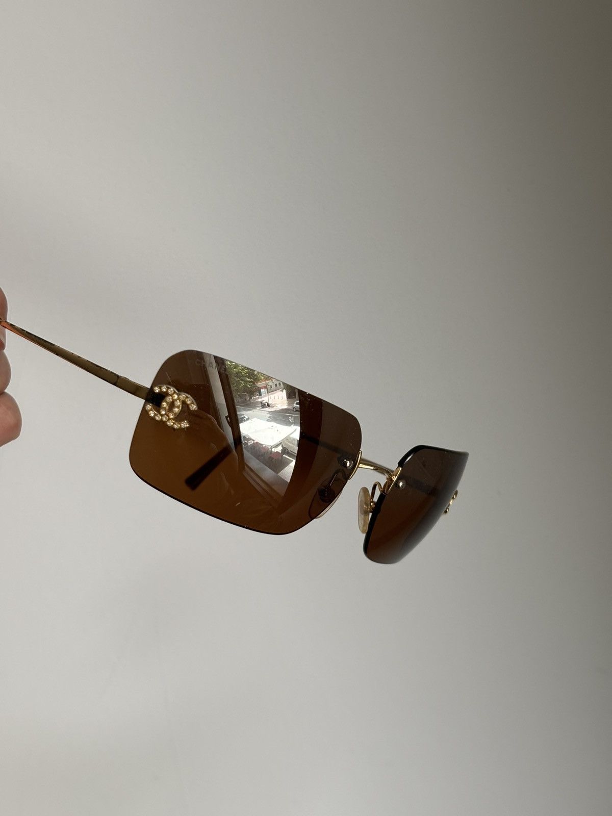Chanel × Vintage CHANEL Sunglasses Rimless Rhinestone Rectangle