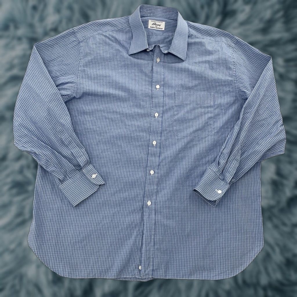 VINTAGE Brioni Shirt Men 17 Blue Check Long Sleeve Cotton Business Dresswear Italy