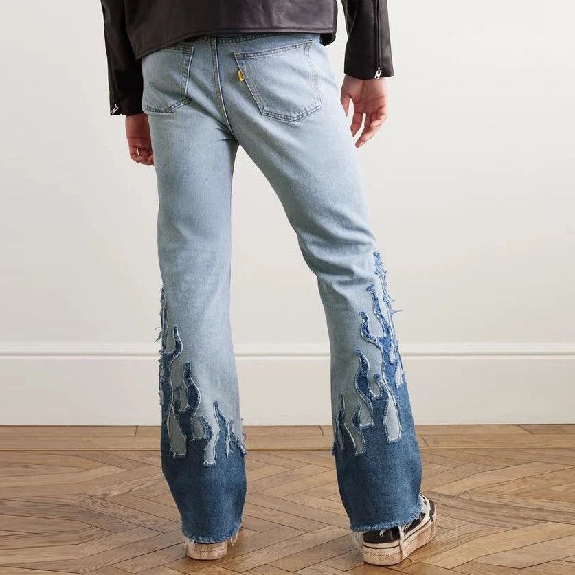 Japanese Brand × Jean × Vintage Blue Flame Embroidery Patchwork Baggy Size US 31 - 2 Thumbnail