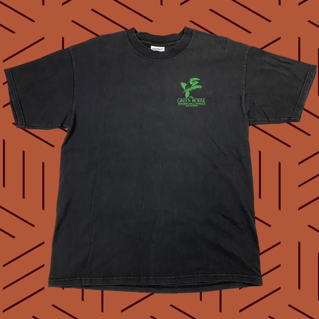 Gildan VTG NIGHTCLUB BAR T-SHIRT SINT MAARTEN GREENHOUSE TROPICAL GRAPHIC MENS L BLACK COTTON KNIT HEAVYWEIGHT CREW NECK SATELLITE? Size US L / EU 52-54 / 3 - 1 Thumbnail