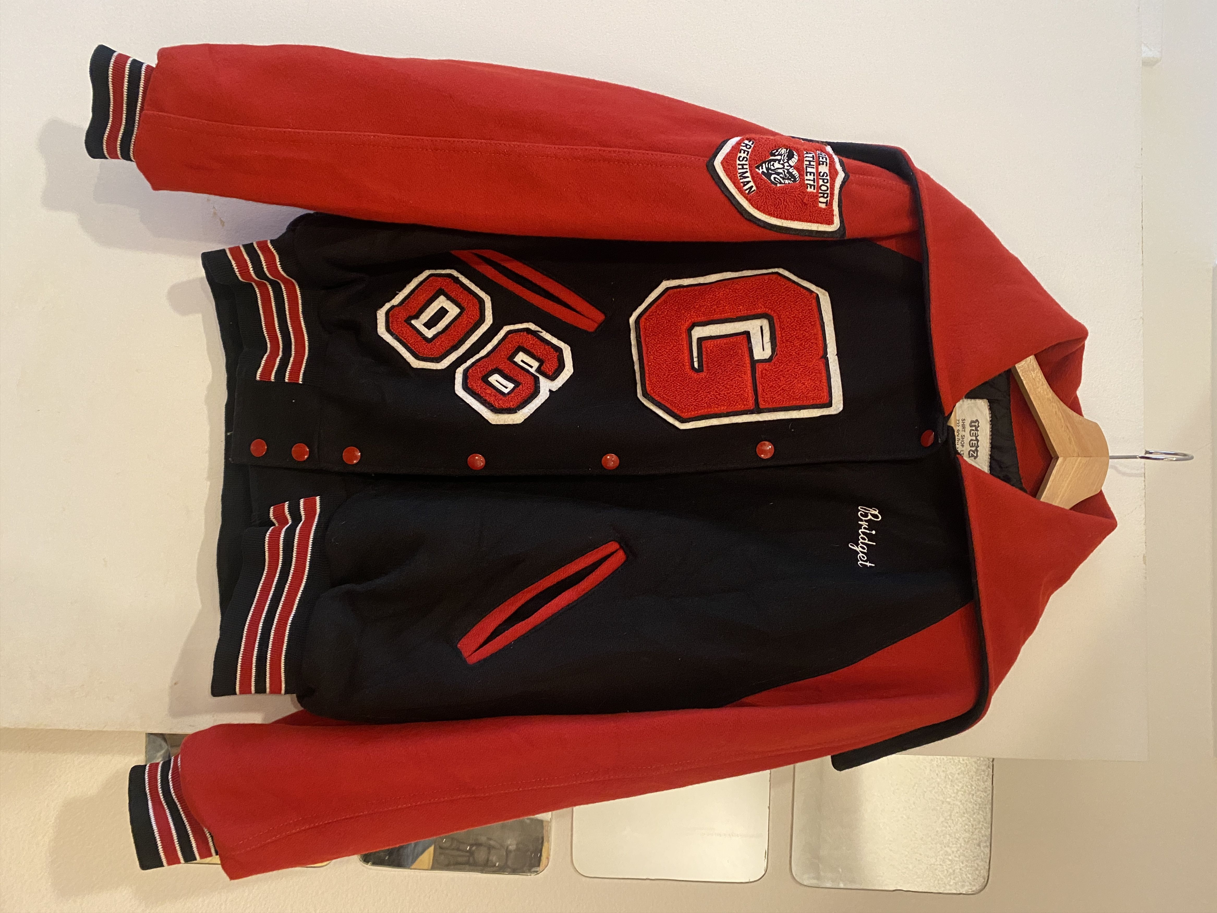 image of Vintage Embroidered/patched Hooded Wool Varsity Jacket, Women's (Size Large)