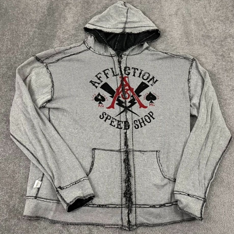 Affliction VINTAGE AFFLICTION Jacket Mens 3XL Gray Reversible Hooded Grunge Skull AOP Distress Y2K Size US XXL / EU 58 / 5 - 3 Thumbnail