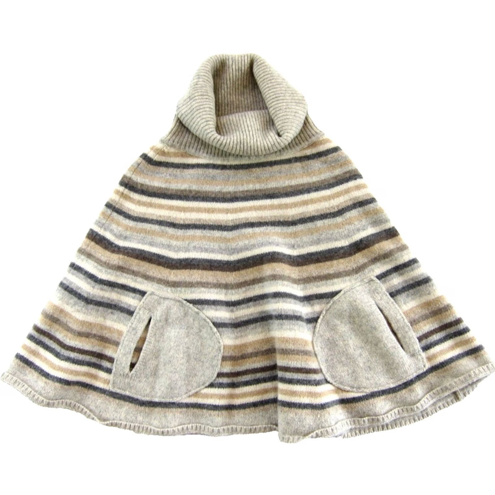 Gap GAP XS/S Turtleneck Poncho Sweater Pockets Striped 100% Lambs Wool Gray Cream Size XS / US 0-2 / IT 36-38 - 2 Thumbnail