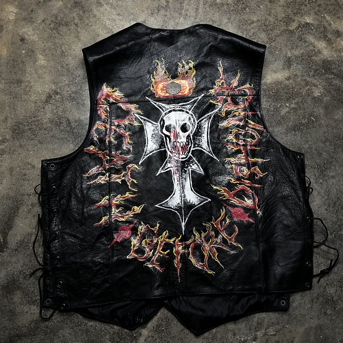 Vintage vintage black leather biker skull chain vest Size US XXL / EU 58 / 5 - 2 Thumbnail