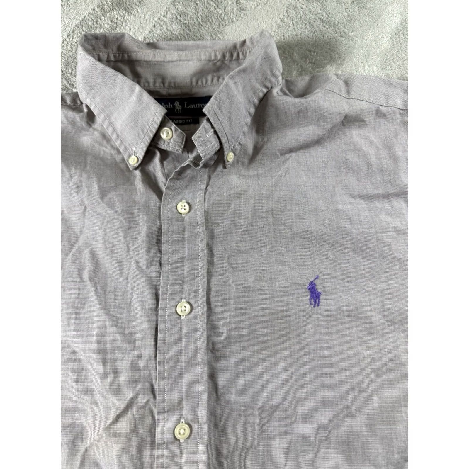 Ralph Lauren Ralph Lauren Mens XL Gray Button Down Shirt Classic Purple Pony Preppy Minimalist Size 46R - 2 Thumbnail