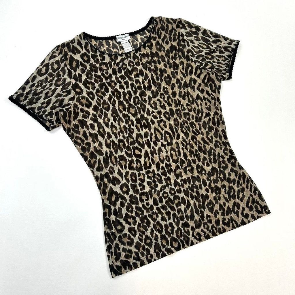 Dolce & Gabbana y2k D&G brown mesh leopard print short sleeve top Size S / US 4 / IT 40 - 1 Thumbnail