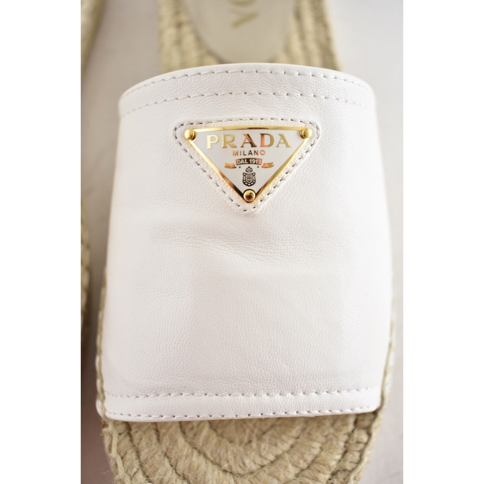 Prada Prada Gold Triangle Logo Avorio White Leather Espadrille 37 Size US 7 / IT 37 - 12 Thumbnail