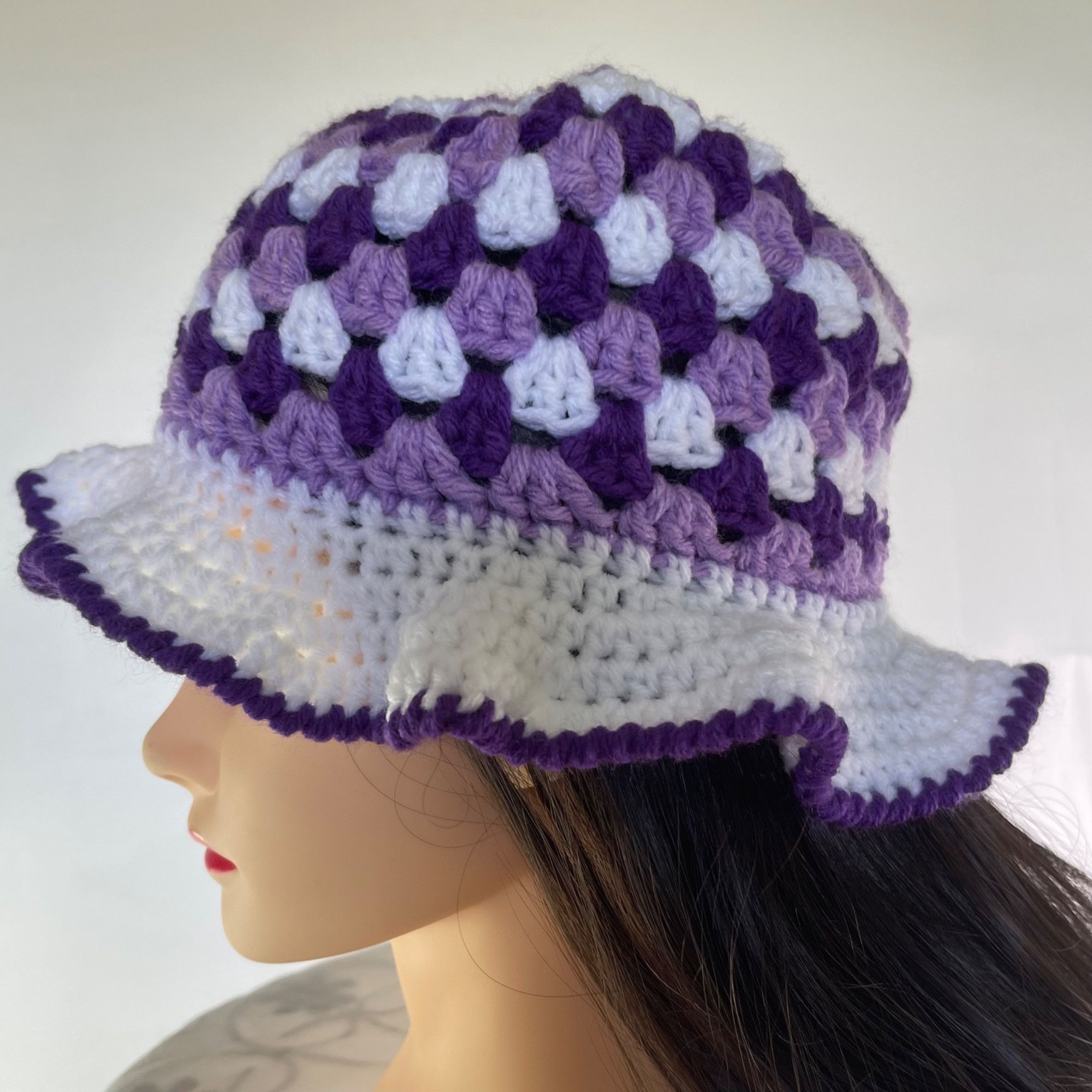 Handmade Crochet Bucket Hat Granny Square Pattern Purple and White Ad Size ONE SIZE - 3 Thumbnail