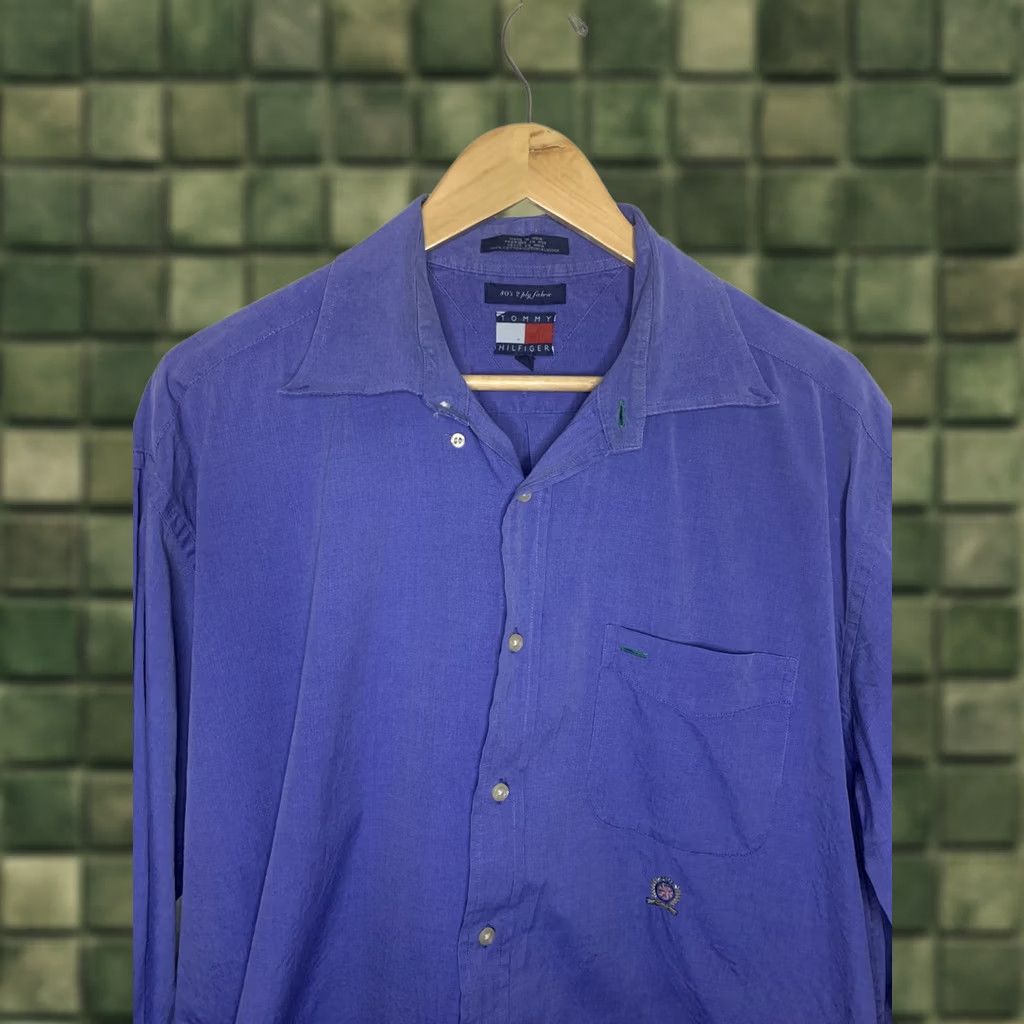 Tommy Hilfiger Tommy Hilfiger Button-Up Shirt Men XL 80s Blue 2 Ply Cotton Solid Collar Long Sleeve Dress Shirt Mens Size 46R - 1 Thumbnail
