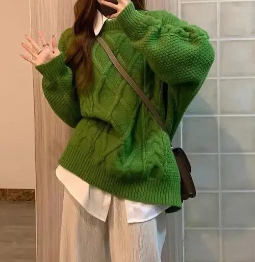 Japanese Brand × Vintage Retro avocado green thick line crew neck sweater Size M / US 6-8 / IT 42-44 - 2 Thumbnail