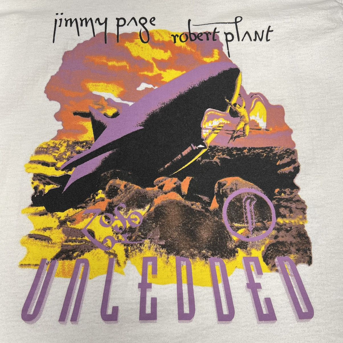 Band Tees × Vintage VTG Jimmy Page Robert Plant Tee Shirt White Tour Unledded Size US L / EU 52-54 / 3 - 3 Thumbnail