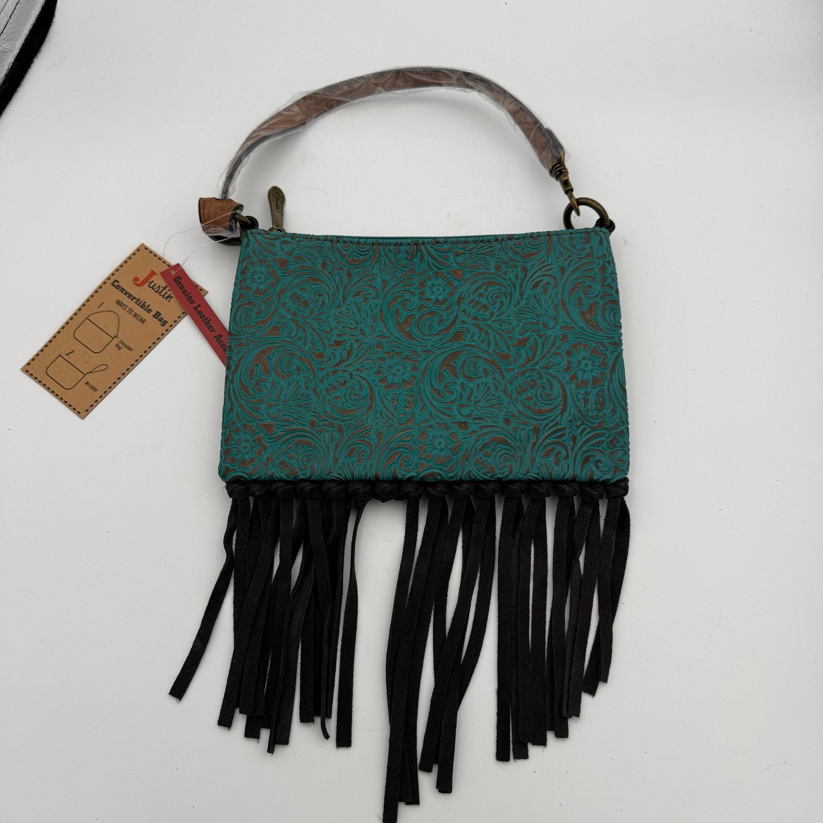 Justin American Darling Turquoise Tooled Leather Fringe Bag Western Size ONE SIZE - 1 Thumbnail