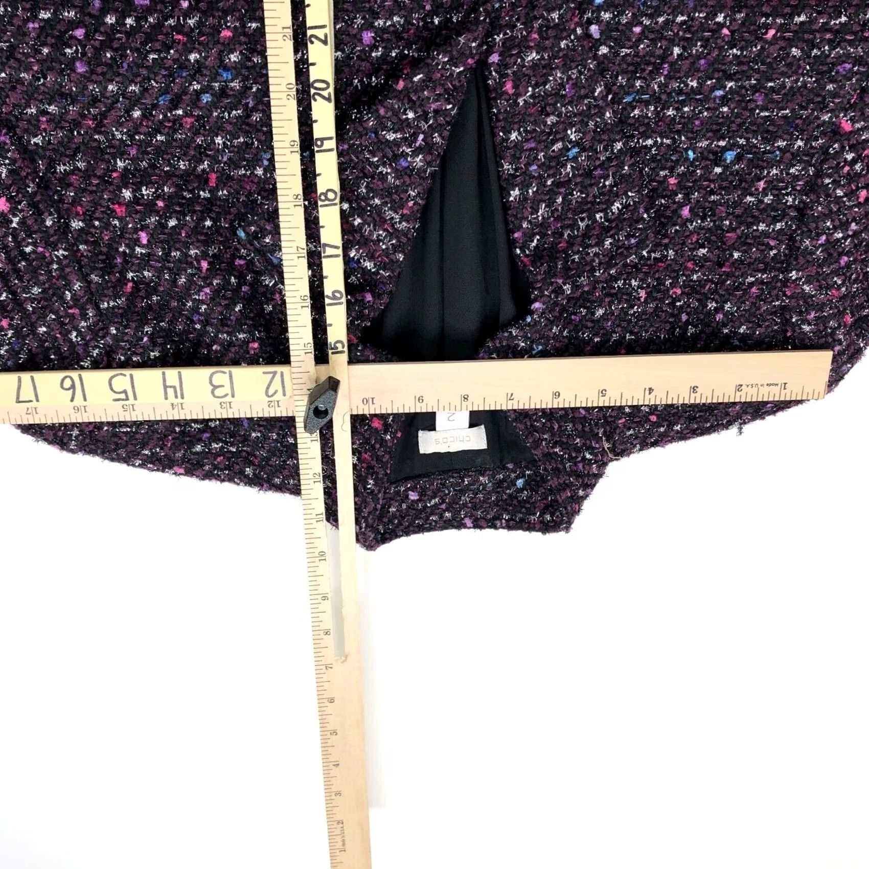 Vintage Chico's Purple Tweed Open Front Womens Jacket Blazer Style Wool Polyester Blend Mid-Length Button Closure Size XS / US 0-2 / IT 36-38 - 7 Thumbnail