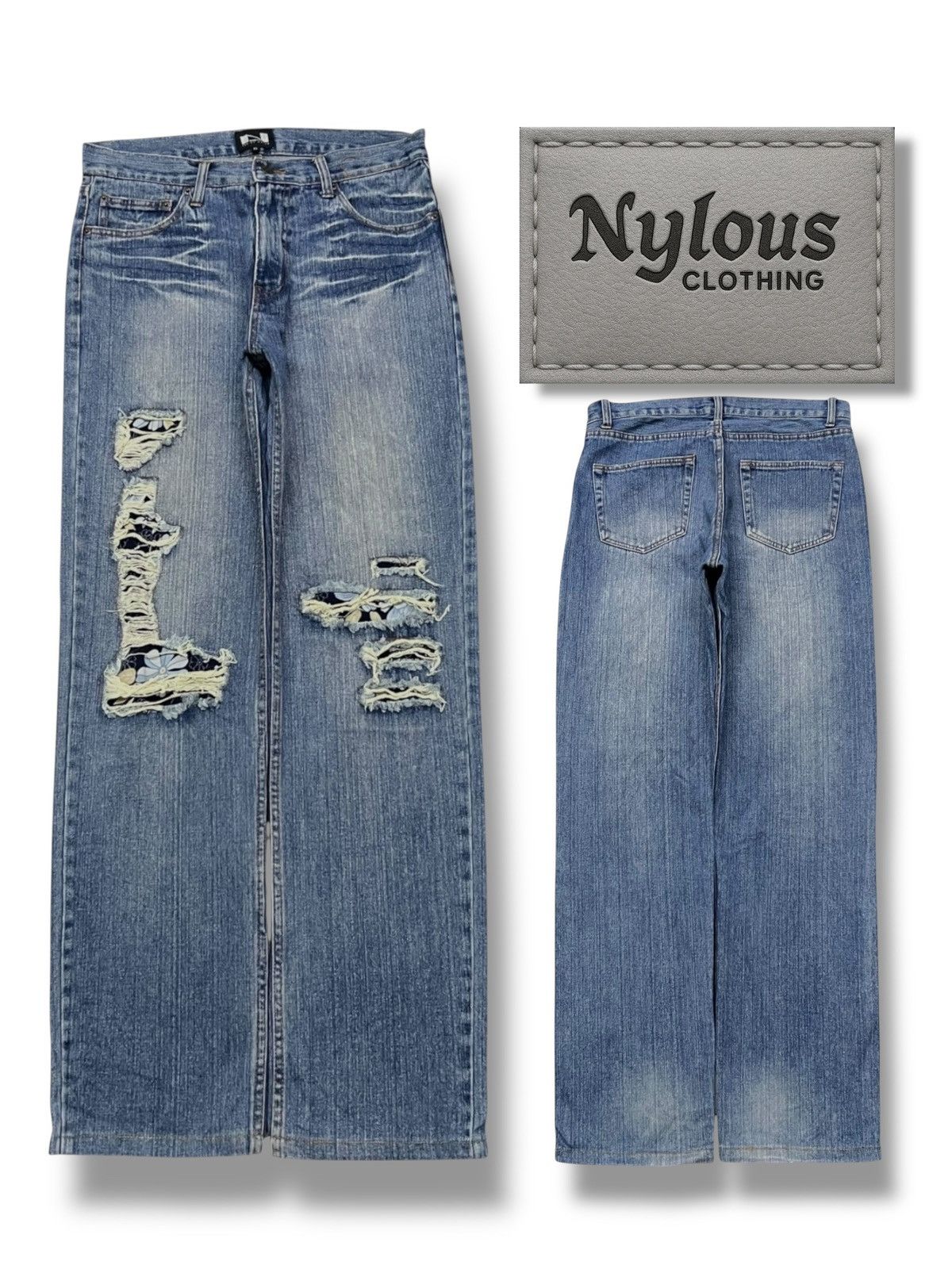 Japanese Brand Vintage Nylaus Jeans Japan - Faded Wash, Patches Distressed Size US 33 - 1 Thumbnail