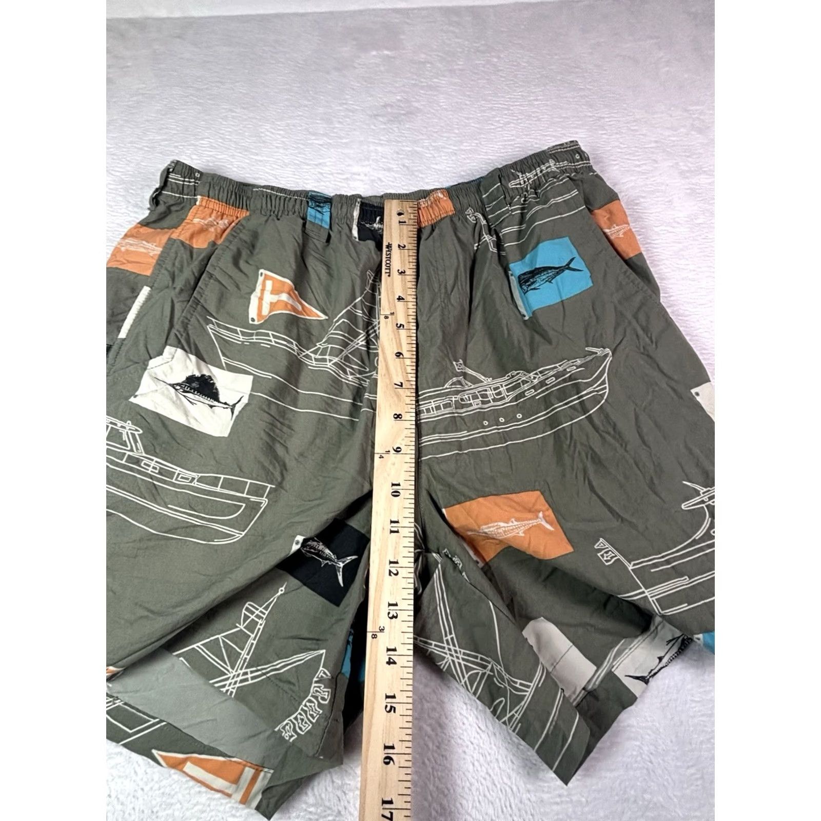 Vintage Columbia PFG Mens Shorts Bermuda Regular Nylon Polyester Blue Fish Print Navy Flags Martini Boat Quick Dry Lightweight Elastic Waist Drawstring Muscle Size US 31 - 3 Thumbnail
