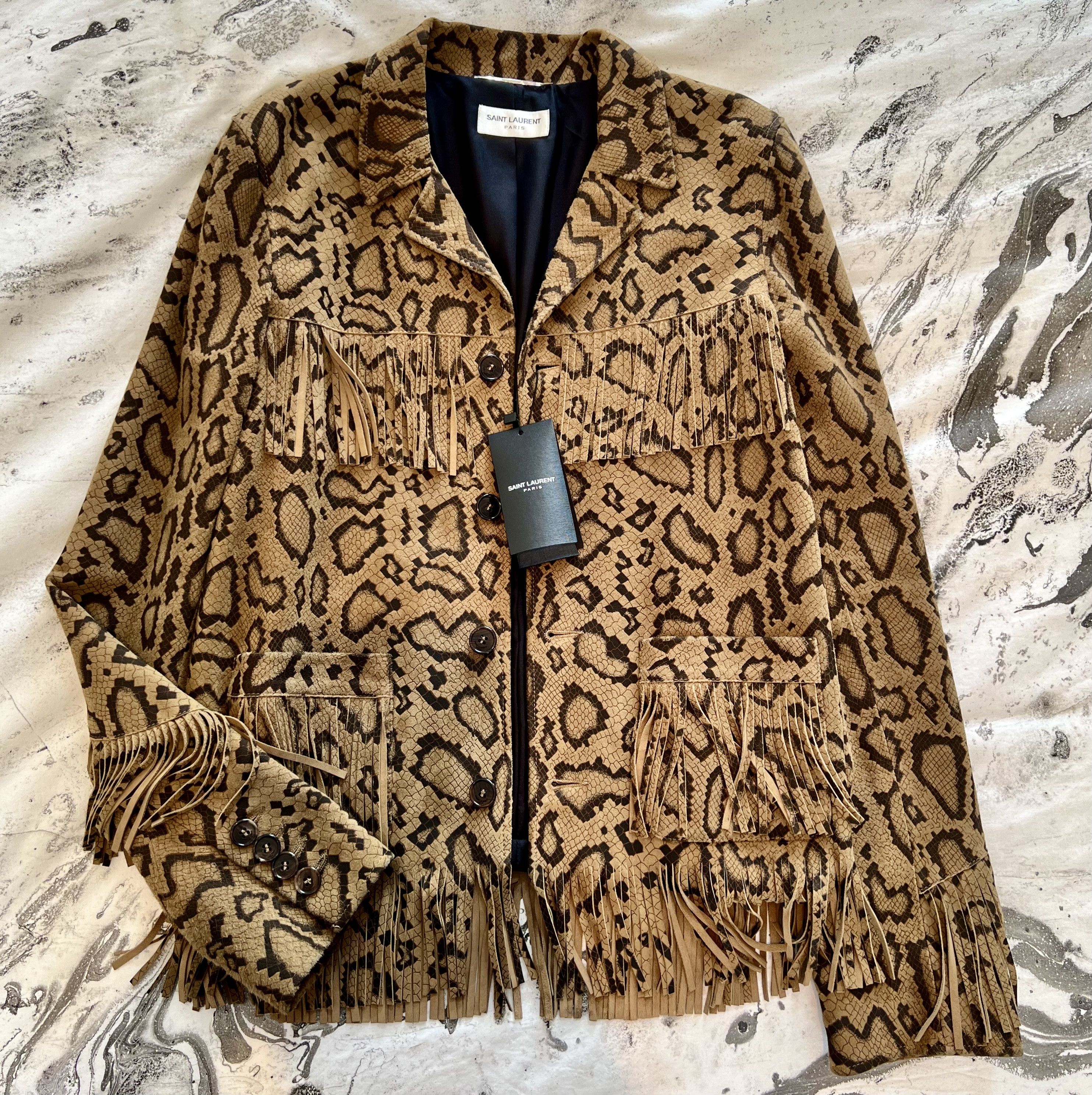 Image of Saint Laurent Hedi Slimane Suede Fringe Curtis Jacket Python in Beige, Men's (Size Small)