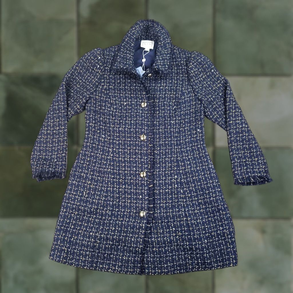 Vintage Sail to Sable Tweed Coat Womens Large Long Blue Gold Button Front Sequence Lined Size L / US 10 / IT 46 - 1 Thumbnail