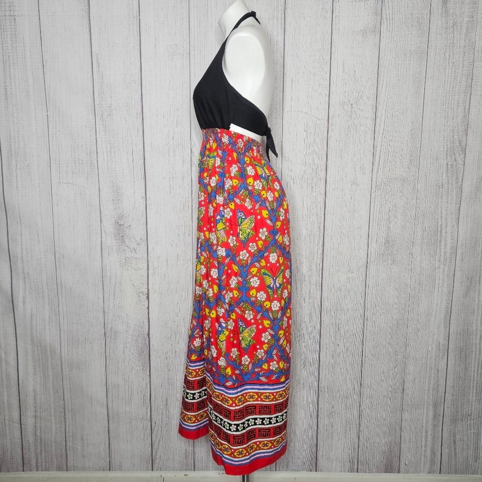 Vintage VTG Butterfly Flower Maxi Dress w Halter Open Back, sz S Size S / US 4 / IT 40 - 4 Thumbnail