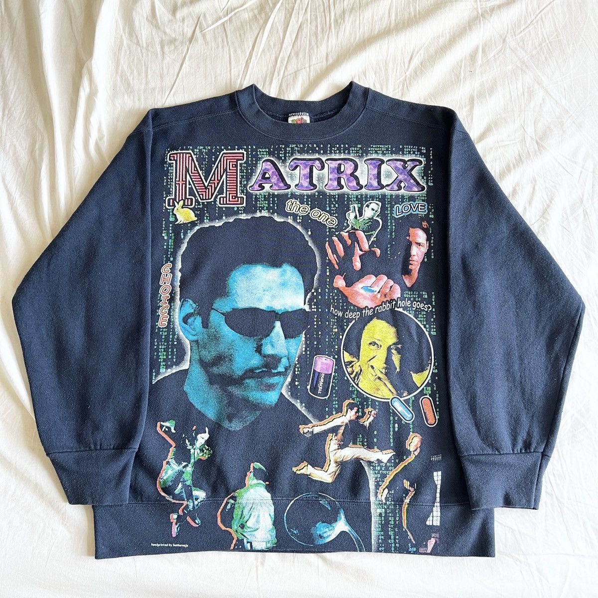 image of Ultra Rare Matrix Sweatshirt Vintage Rap Style 90's Scifi in Dark Blue, Men's (Size Large)