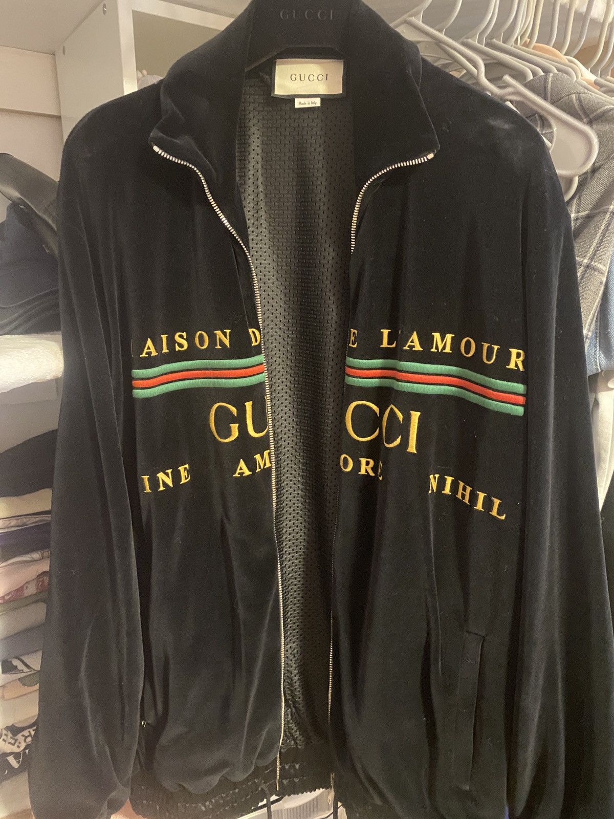 image of Gucci Maison De L'amour Embroidered Velour Track Jacket in Black, Men's (Size XS)