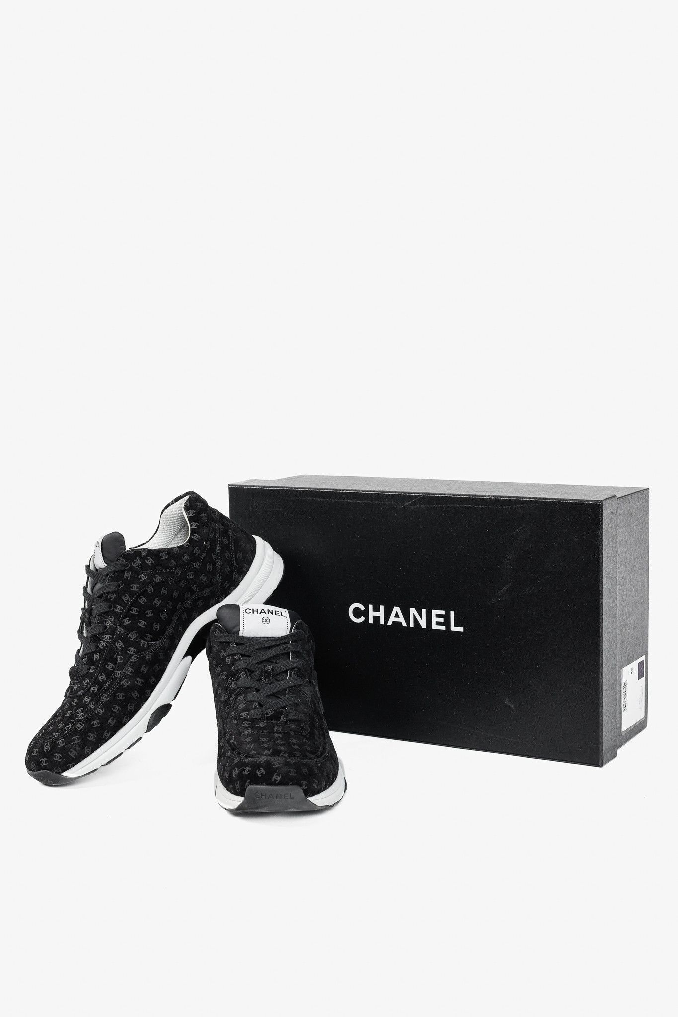 Chanel Chanel 22A Black Printed-CC-Logo Suede Low-Top Sneakers Size US 12 / EU 45 - 15 Thumbnail