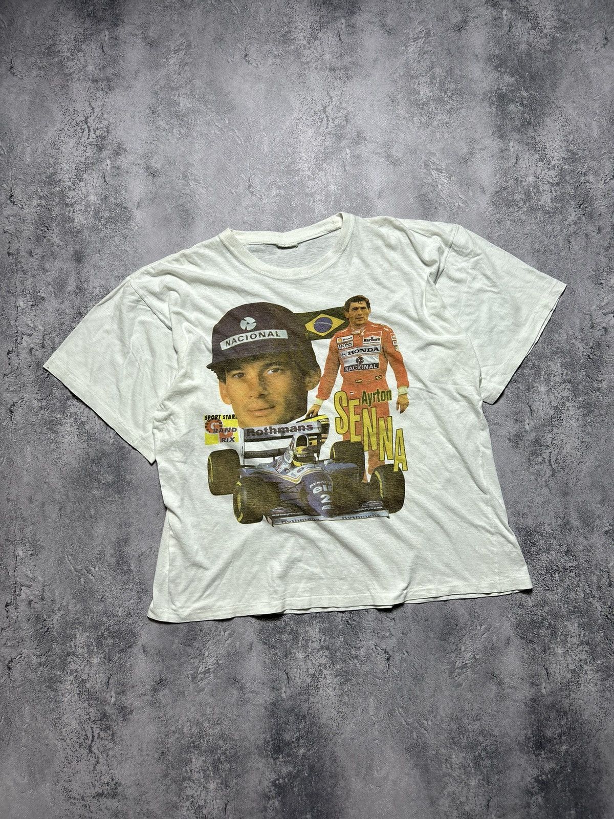image of Vintage Racing T-Shirt Ayrton Senna F1 White Big Logo, Men's (Size Large)
