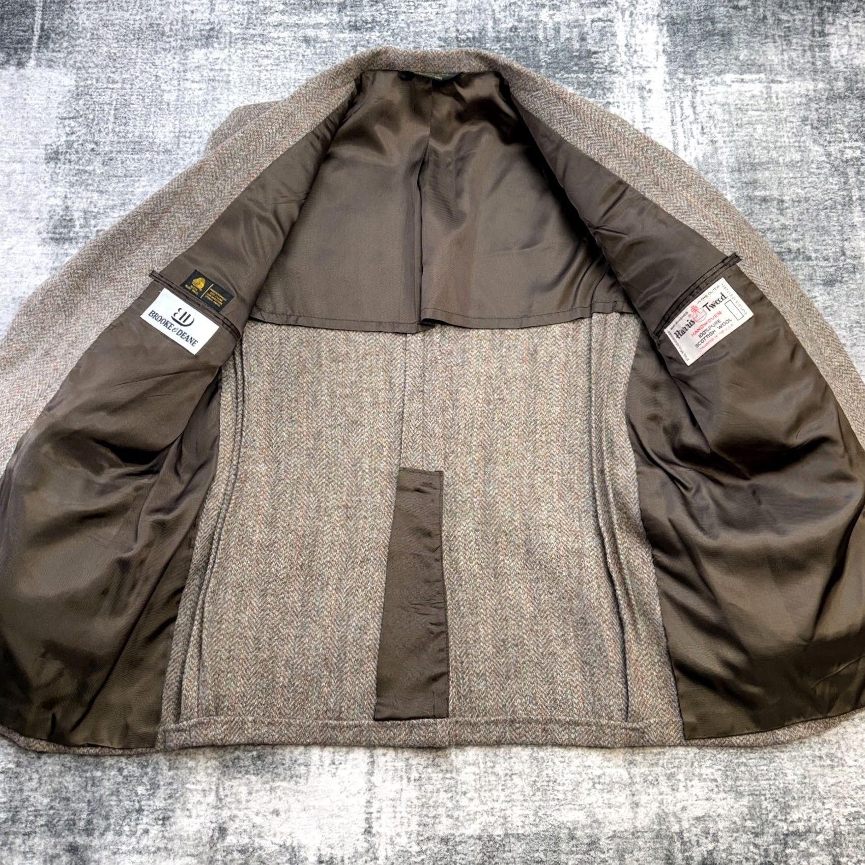 Harris Tweed VINTAGE Brooke & Deane Blazer Jacket Mens 42 Brown Herringbone Tweed Wool Notch 2-Button Single-Breasted Classic Fall Winter Spring Coat Size 42R - 5 Thumbnail