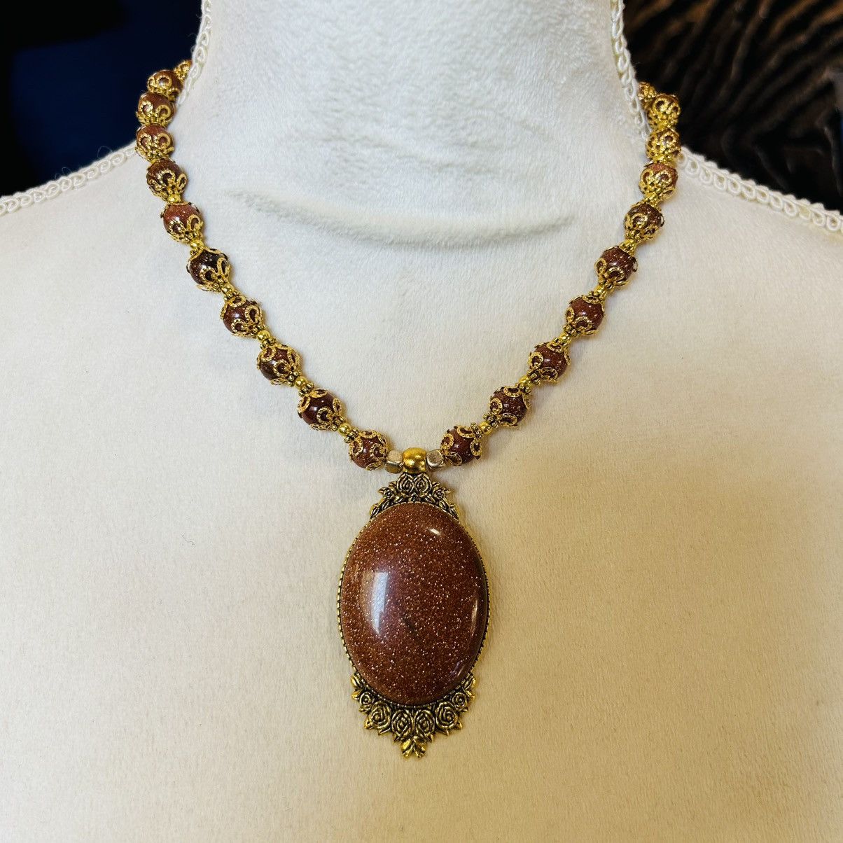 Handmade Handcrafted elegant goldstone cameo framed bead necklace Size ONE SIZE - 2 Thumbnail