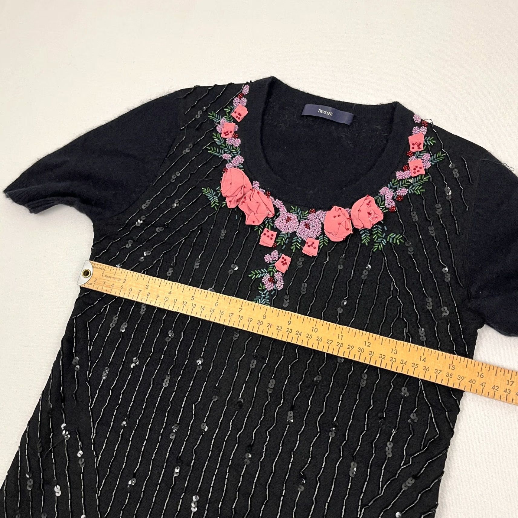 Vintage Womens Blouse Black Wool & Angora 3D Floral Beaded Sequin Layers Boho Prep S Small Casual Shirt Womens Size S / US 4 / IT 40 - 6 Thumbnail