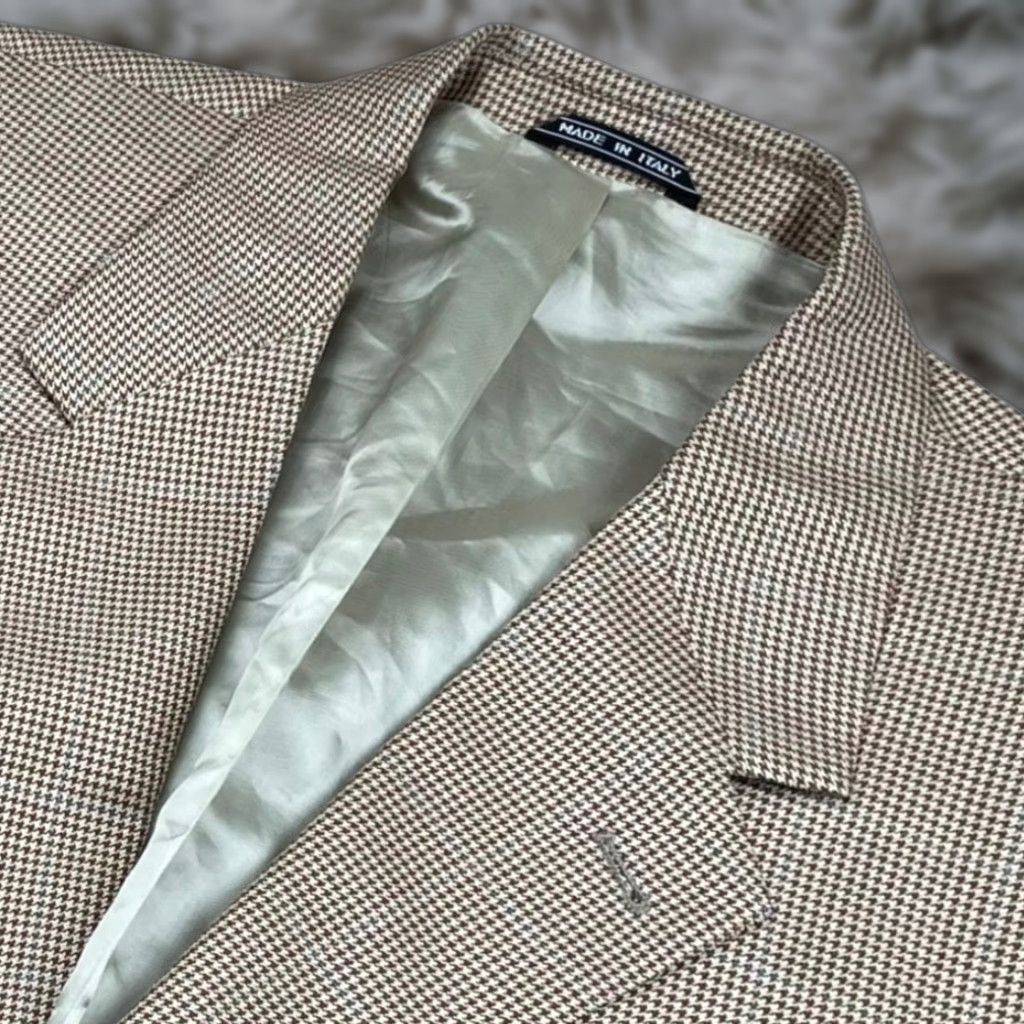 VINTAGE Today's Man x E.Thomas Men's Blazer Size 42 Long Brown Houndstooth Wool Silk Italy Men's