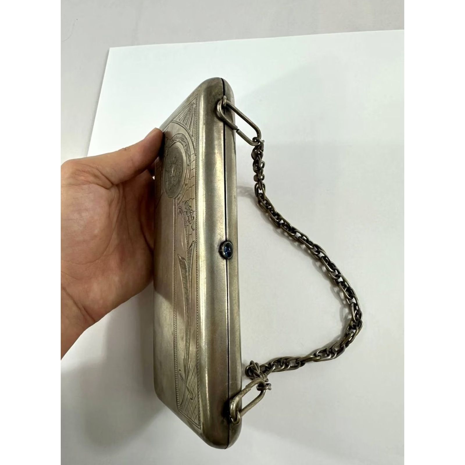Vintage VINTAGE Antique 800 Silver Art Deco Evening Clutch Purse Etched Floral Design Chain Monogram 375g Silver Purse Womens Size ONE SIZE - 5 Thumbnail